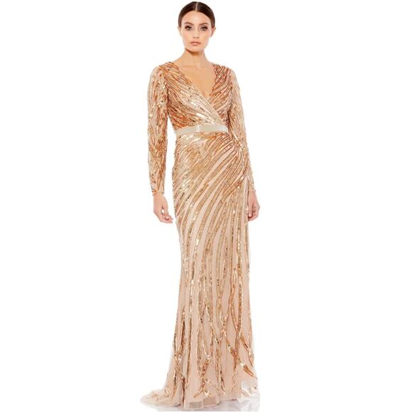 Mac Duggal 8 copper Long Sleeve Sequin Streaked Gown sparkly prom formal ball - Picture 1 of 7